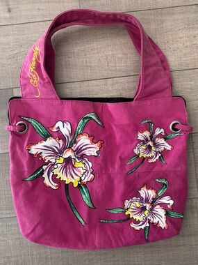 🌸Ed Hardy Floral Canvas Tote Bag – Pink Orchid Graphic🌸